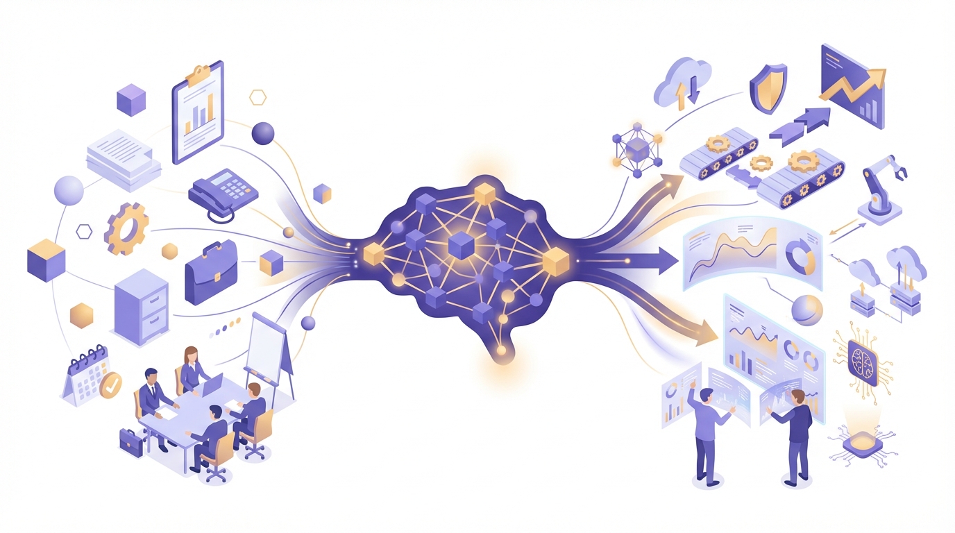 AI DXの概念イメージ — 従来業務とAIがつながる未来